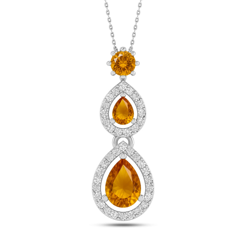 Double Pear Halo Drop Pendant | Sterling Silver Birthstone Necklace | Diamond Accent | Adjustable Chain | 15 Gemstone Choices