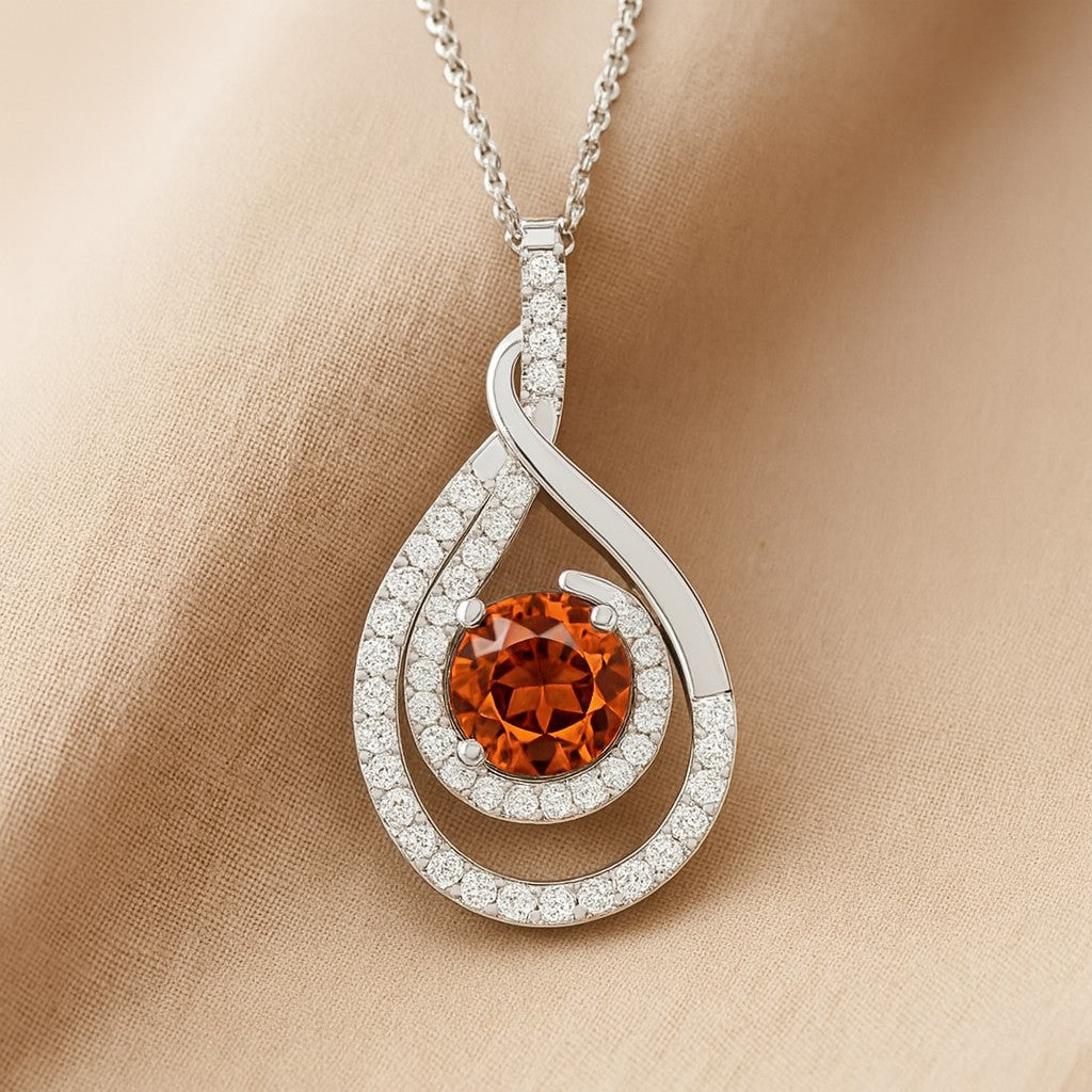 Teardrop Swirl Halo Pendant | Starburst Pendant | Heart Knot Teardrop Pendant | Sterling Silver Birthstone Necklace | Diamond Accent | Adjustable Chain | 15 Gemstone Choices
