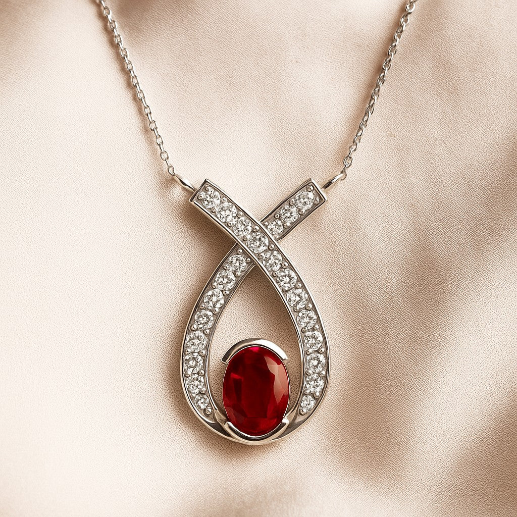 Teardrop Halo Pendant | Starburst Pendant | Heart Knot Teardrop Pendant | Sterling Silver Birthstone Necklace | Diamond Accent | Adjustable Chain | 15 Gemstone Choices