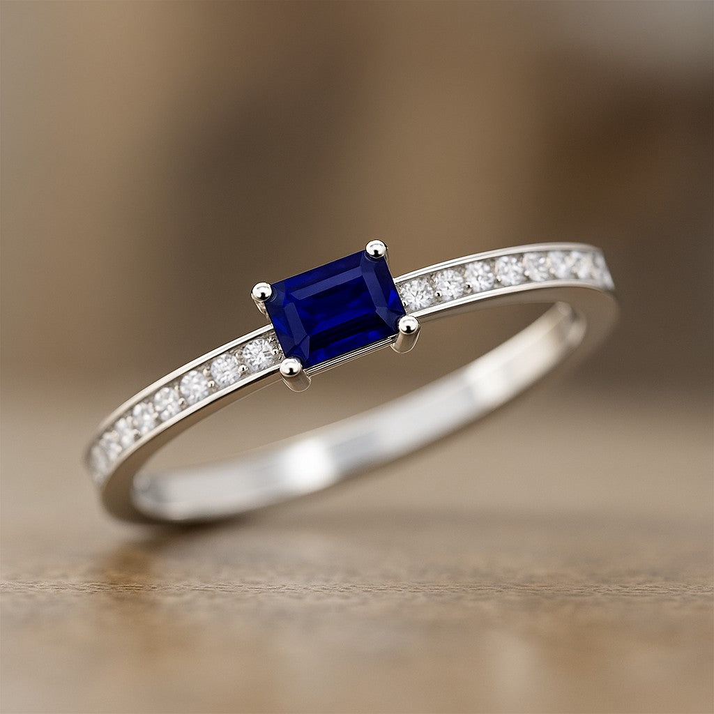 Baguette Solitaire Ring | Sterling Silver Birthstone Ring | Genuine Gemstone & Diamond Studded Ring | Personalized Promise Ring | Gift for Her
