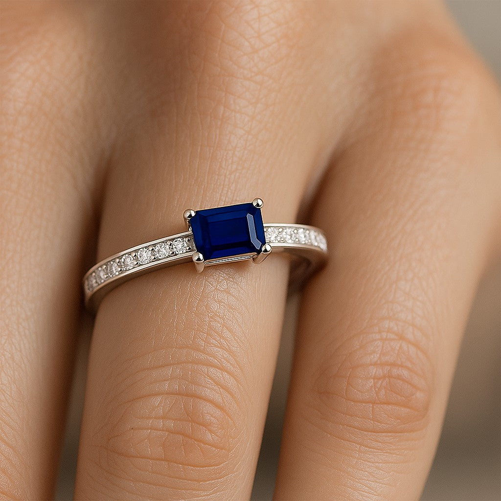 Baguette Solitaire Ring | Sterling Silver Birthstone Ring | Genuine Gemstone & Diamond Studded Ring | Personalized Promise Ring | Gift for Her