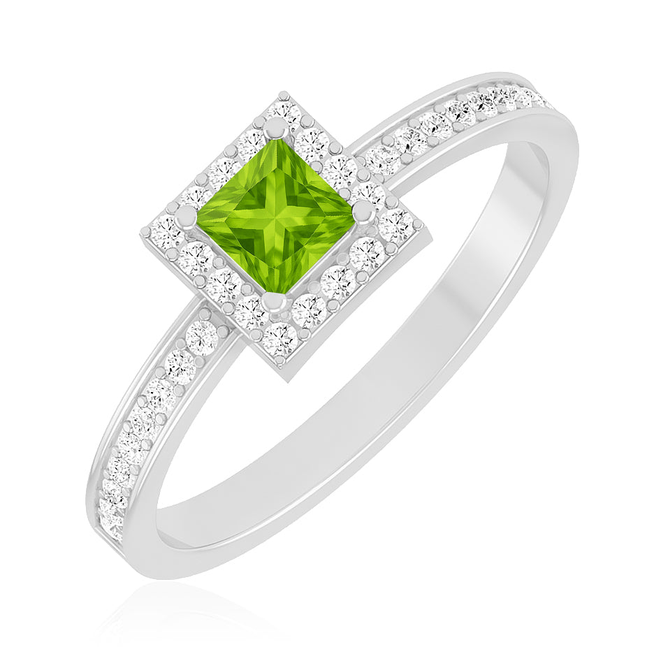 Princess Halo Solitaire Ring | Sterling Silver Birthstone Ring | Genuine Gemstone & Diamond Studded Ring | Personalized Promise Ring | Gift for Her