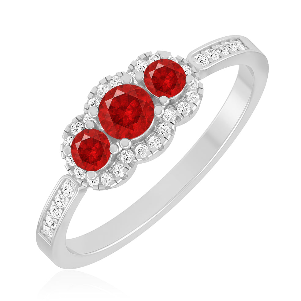 Trilogy Halo Ring | Sterling Silver Birthstone Ring | Genuine Gemstone & Diamond Studded Ring | Personalized Promise Ring | Gift for Her