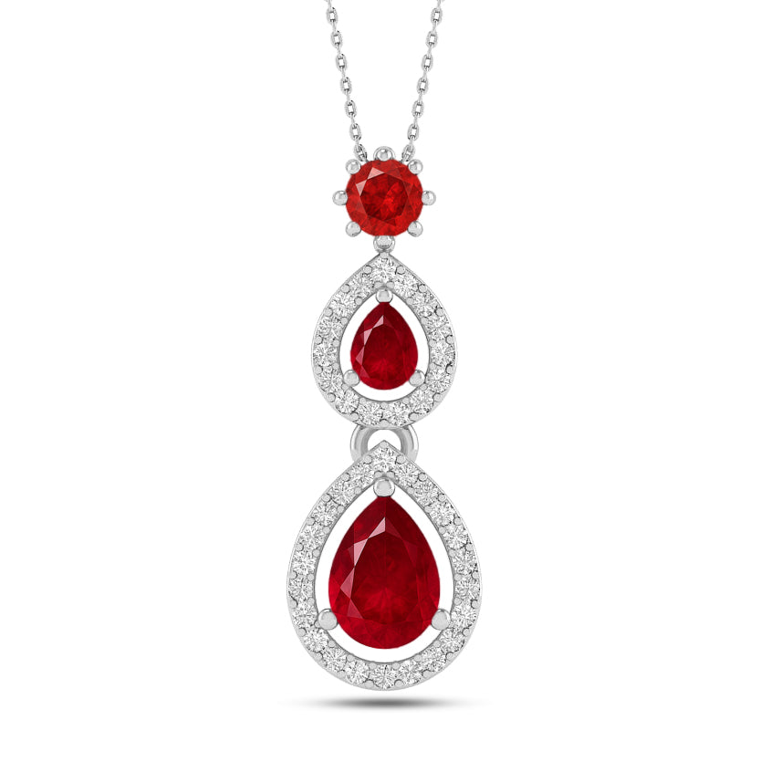Double Pear Halo Drop Pendant | Sterling Silver Birthstone Necklace | Diamond Accent | Adjustable Chain | 15 Gemstone Choices