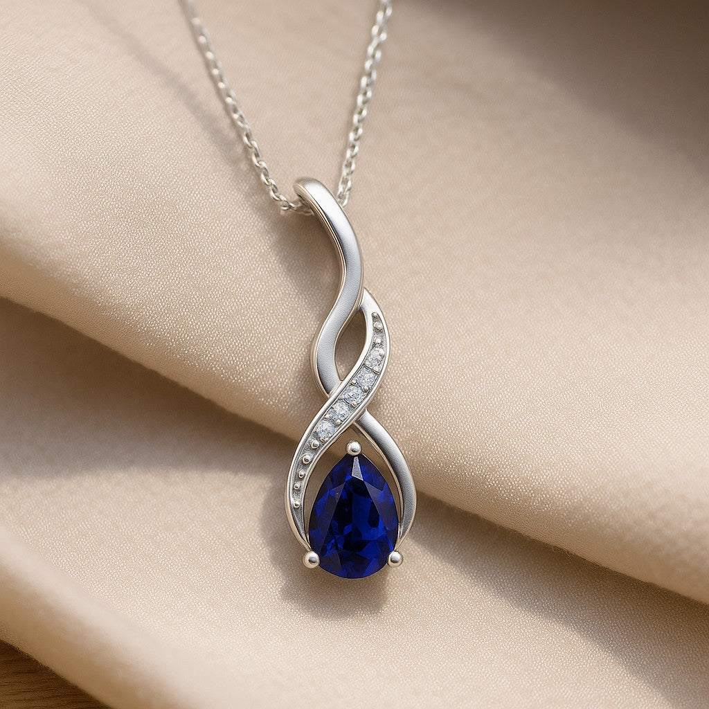 Classic Teardrop Solitaire Pendant | Starburst Pendant | Heart Knot Teardrop Pendant | Sterling Silver Birthstone Necklace | Diamond Accent | Adjustable Chain | 15 Gemstone Choices
