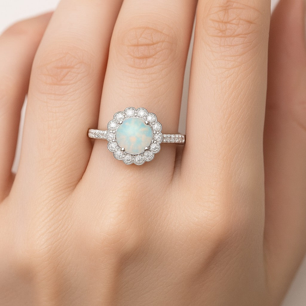 Floral Halo Ring | Sterling Silver Birthstone Ring | Genuine Gemstone & Diamond Studded Ring | Personalized Promise Ring | Gift for Her