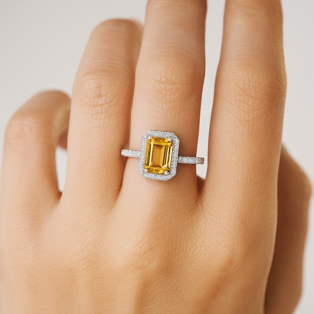 Halo Solitaire Ring | Sterling Silver Birthstone Ring | Genuine Gemstone Studded Ring | Personalized Promise Ring | Gift for Her