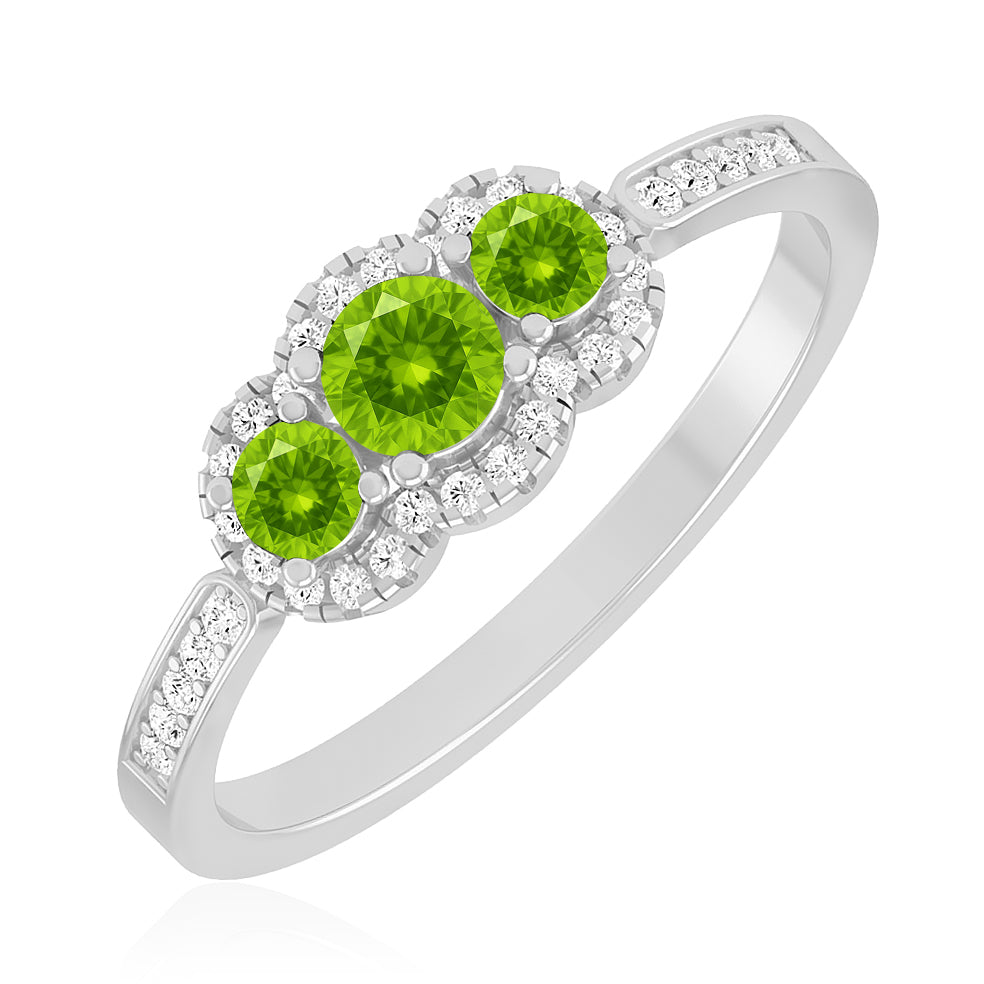 Trilogy Halo Ring | Sterling Silver Birthstone Ring | Genuine Gemstone & Diamond Studded Ring | Personalized Promise Ring | Gift for Her