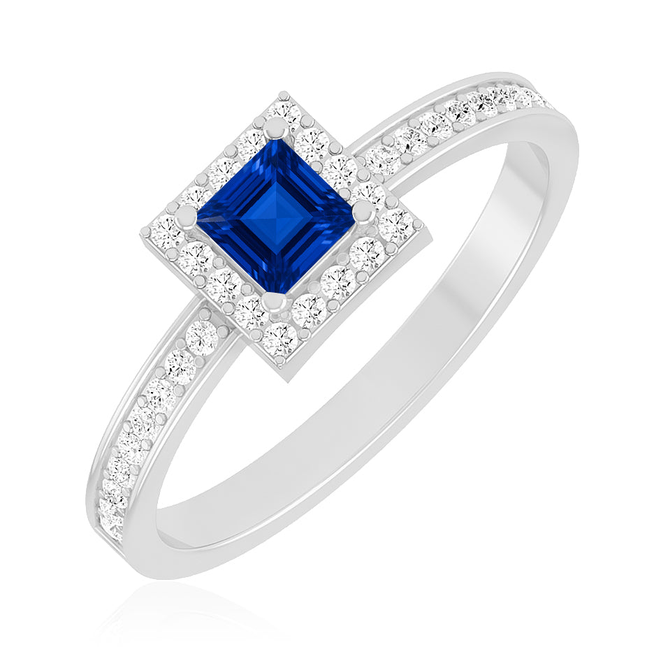 Princess Halo Solitaire Ring | Sterling Silver Birthstone Ring | Genuine Gemstone & Diamond Studded Ring | Personalized Promise Ring | Gift for Her