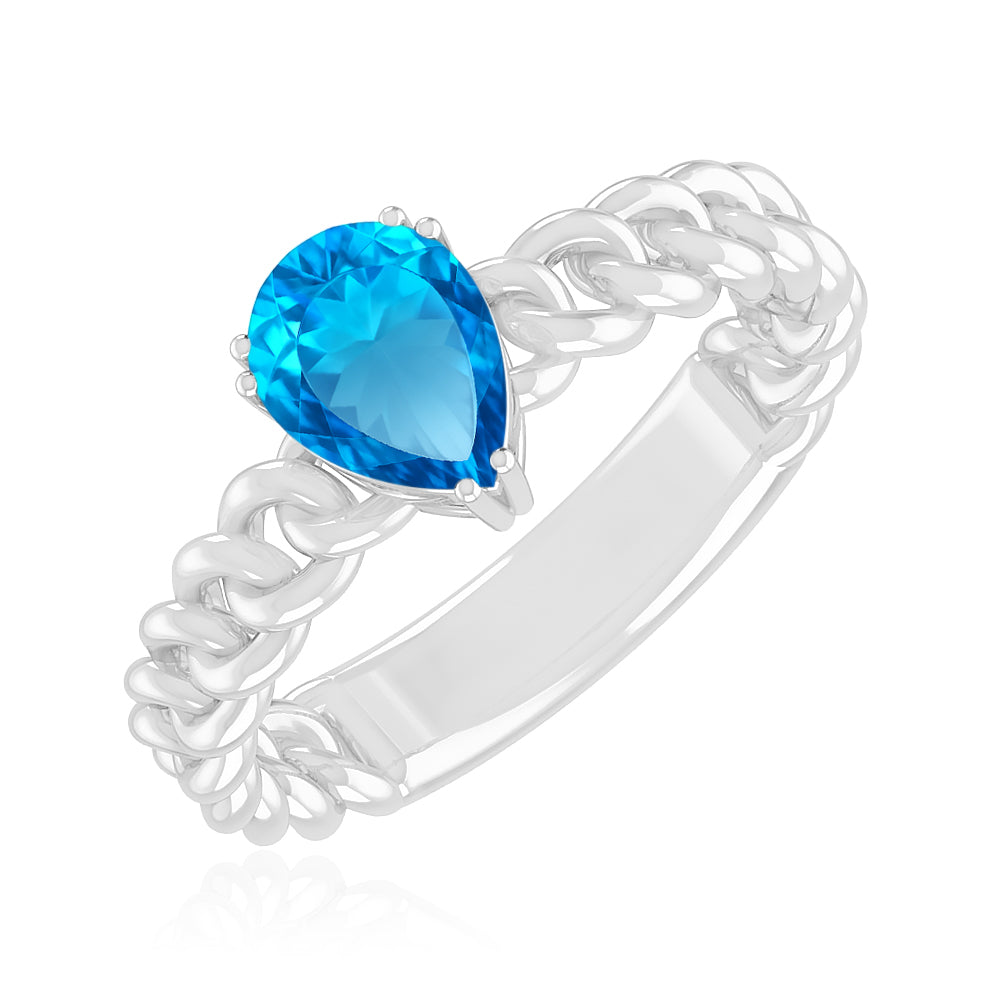 Chain Link Solitaire Ring | Sterling Silver Birthstone Ring | Genuine Gemstone Studded Ring | Personalized Promise Ring | Gift for Her