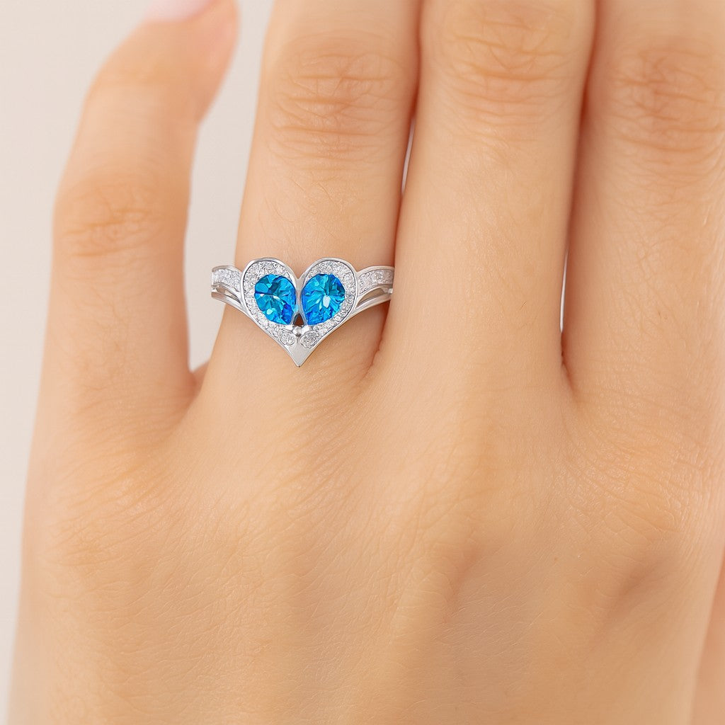Heart-Shaped Gemstones Ring | Sterling Silver Birthstone Ring | Genuine Gemstone & Diamond Studded Ring | Personalized Promise Ring | Gift for Her