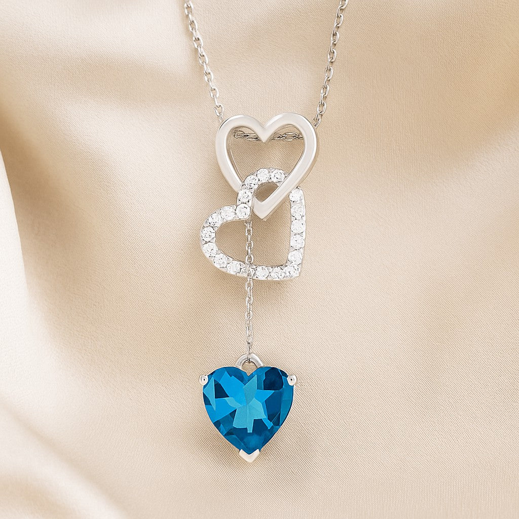Double Heart Drop Pendant | Starburst Pendant | Heart Knot Teardrop Pendant | Sterling Silver Birthstone Necklace | Diamond Accent | Adjustable Chain | 15 Gemstone Choices