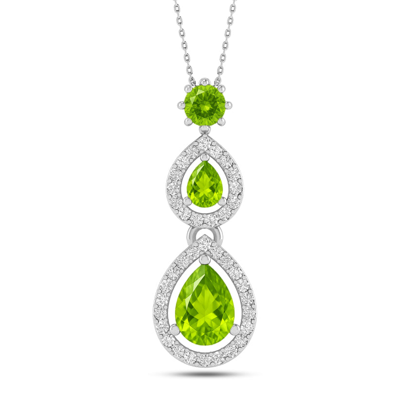 Double Pear Halo Drop Pendant | Sterling Silver Birthstone Necklace | Diamond Accent | Adjustable Chain | 15 Gemstone Choices