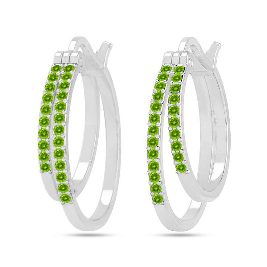 Double Row Hoop Earrings | 925 Sterling Silver Birthstone Stud Earrings | Diamond Accent Gemstone Earrings | 15 Birthstone Options | Gift for Women