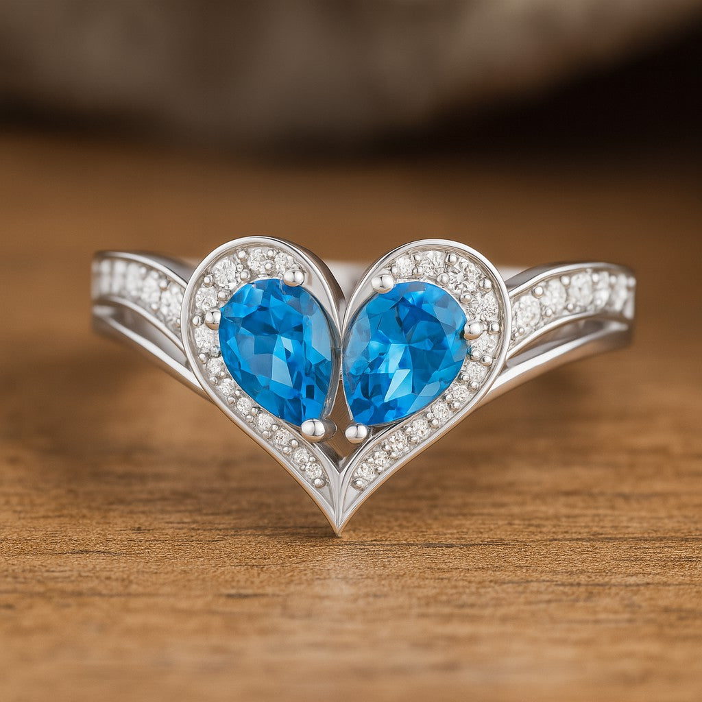 Heart-Shaped Gemstones Ring | Sterling Silver Birthstone Ring | Genuine Gemstone & Diamond Studded Ring | Personalized Promise Ring | Gift for Her