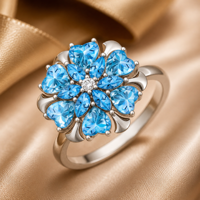Blue Blossom Crystal Floral Ring