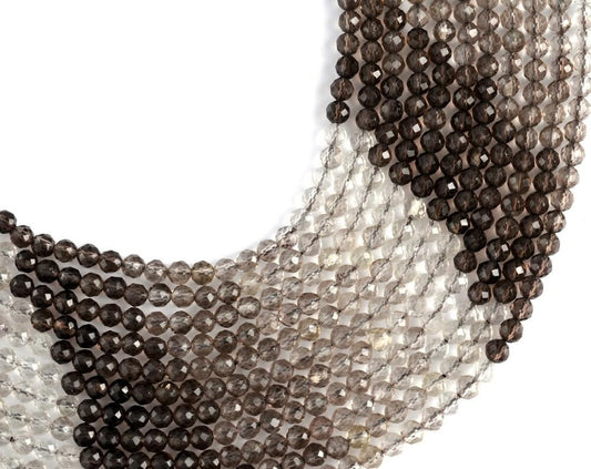 Natural Smoky Quartz Shaded Gemstone Round Micro Faceted Beads