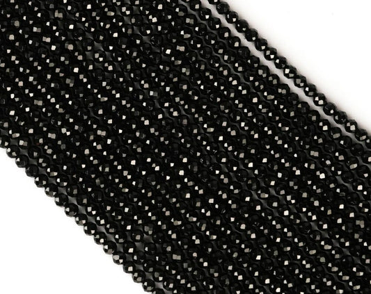 Natural Black Spinel Gemstone Round Micro Faceted Beads